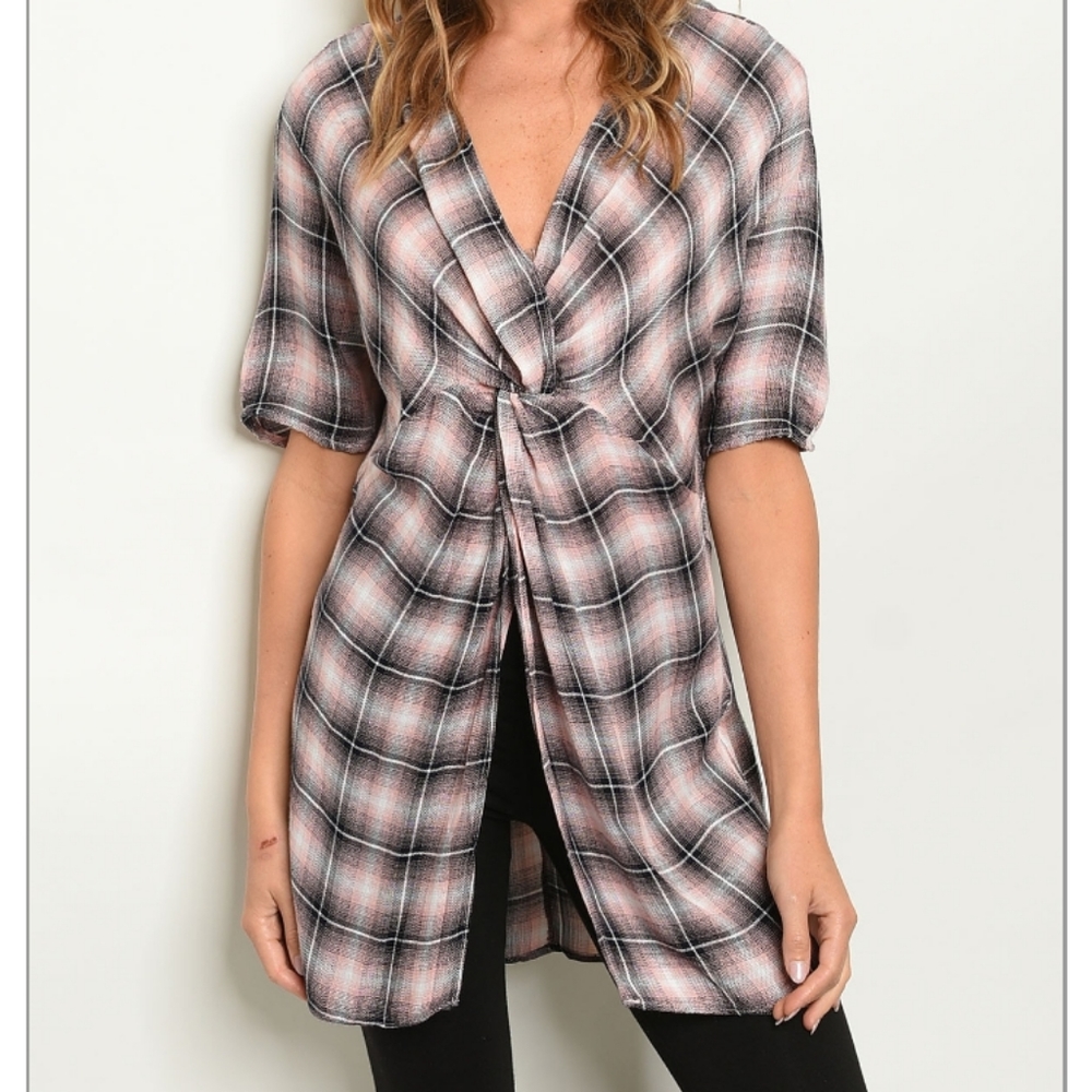 Black & Blush Plaid Twist-front Tunic Top